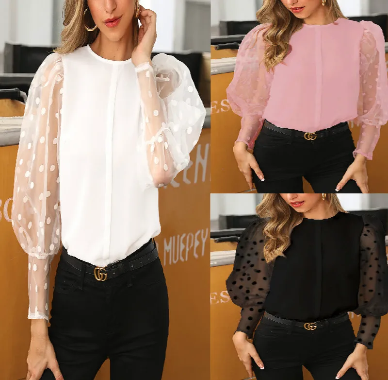 Женская одежда 2019 шифоновые Элегантные повседневные топы в горошек с рукавами