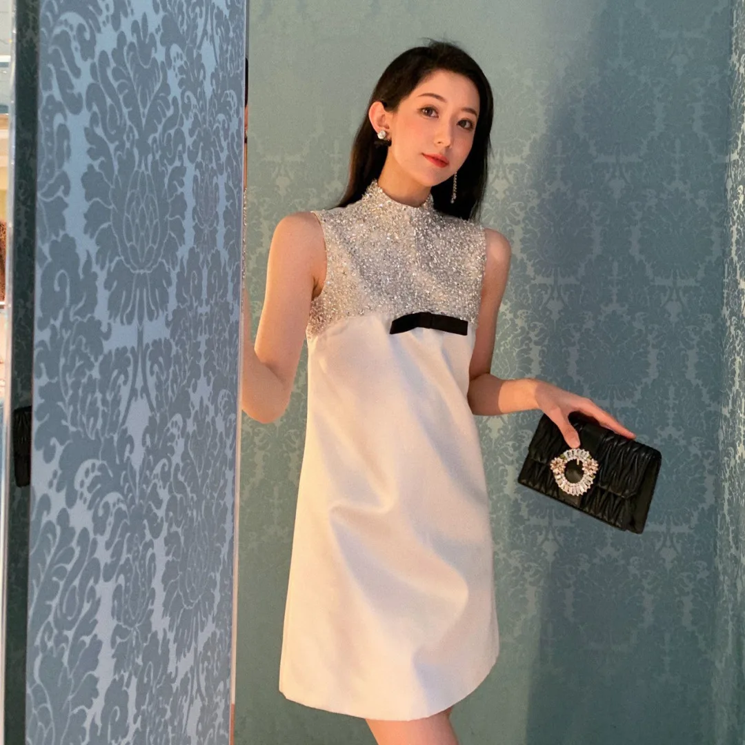 

2021 Elegant Laides Stand Collar Crystal Beaded Sleeveless White Tank A line Dress Women Party Dress