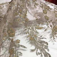 rose gold french nigerian glitter tulle mesh leaf floral beaded bridal lace fabric 5 yards for women party dress material latest