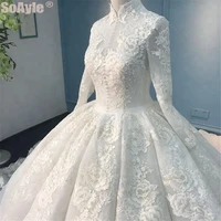 SoAyle Lace Wedding Dress Appliques High Neck Long Sleeves Muslim White Wedding Dresses with Button Back Style vestido de noiva