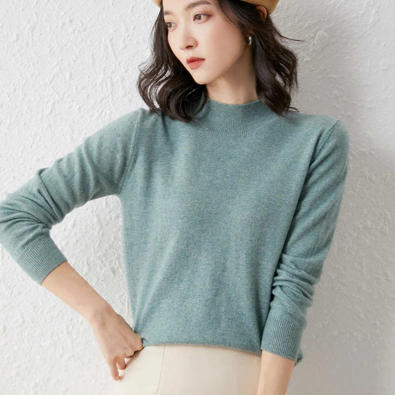 

adohon 2021 woman winter 100% Cashmere sweaters knitted Pullovers jumper Warm Female Mock Neck blouse blue long sleeve clothing