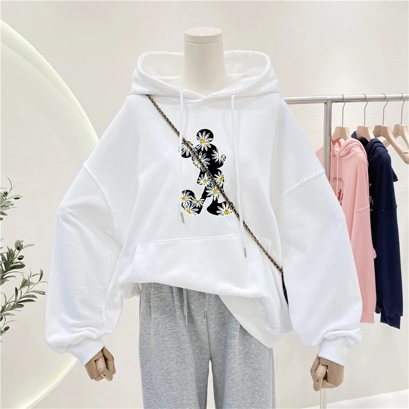 

Disney Mickey Mouse Flower Women's Hoodies Harajuku Sweatshirts Oversized Thick Warm Hooded Sweatshirt Long Tops Woman Outwear