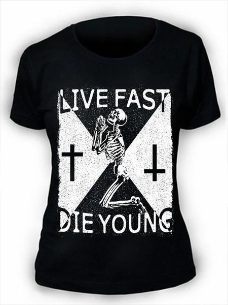 

Live Fast Die Young T-Shirt Womens Skull Skeleton Cross goth rock punk ladies