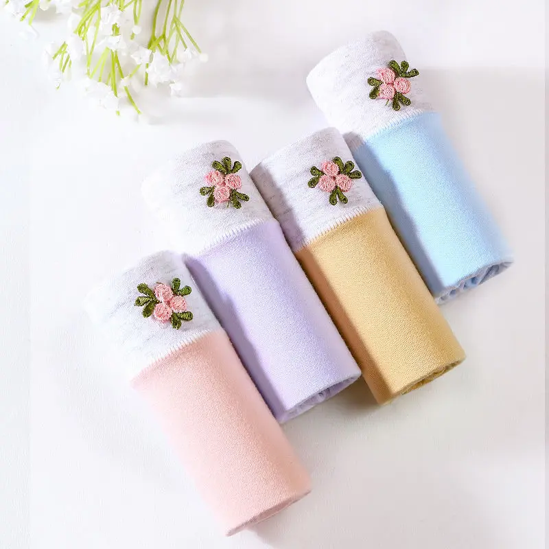 

Embroidery 5pcs/lot Fashion Flower Women Panties Mid Rise Underwear Solid Color Breathable Cotton Girls Briefs Plus Size Women