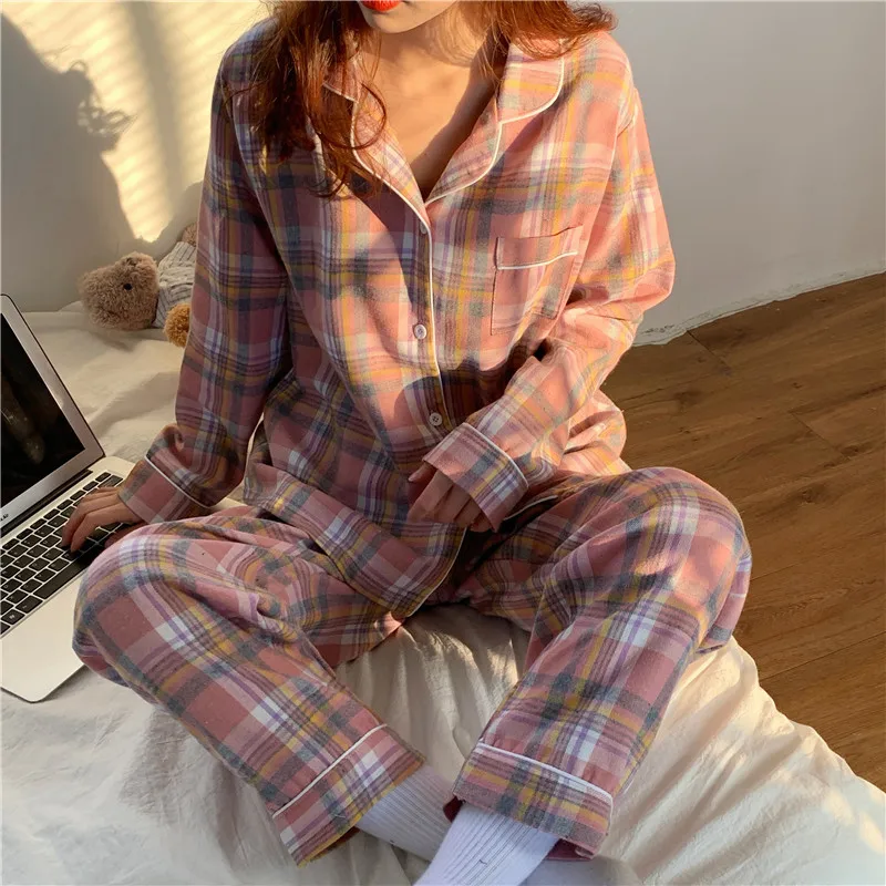 

spring women plaid pajamas set long sleeve korean chic checkered sleepwear girls pyjamas homewear girls grid home pjs sets