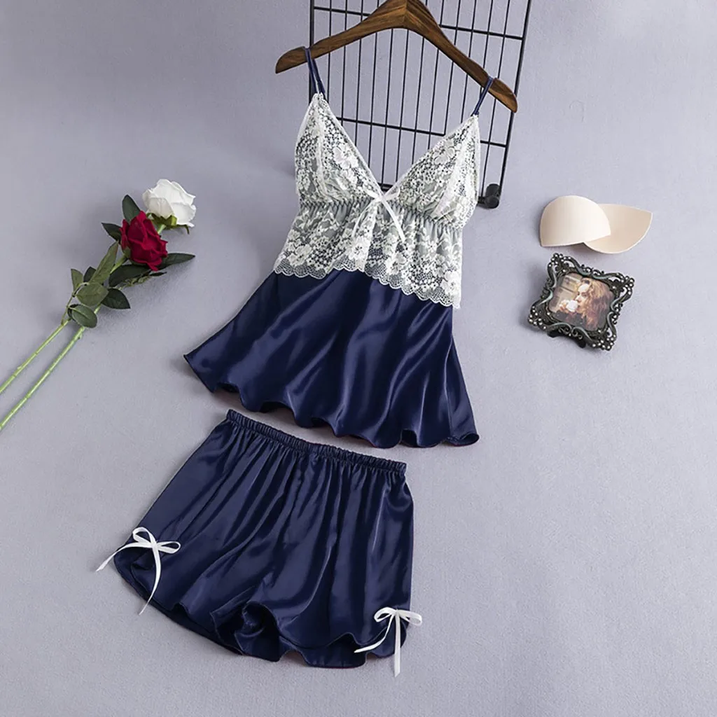 Прозрачная Пижама Женская атласная кружевная майка с V образным вырезом и шорты