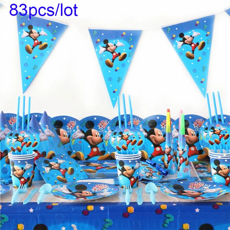 Mickey-83pcs Дисней шесть Принцесса Белль тематический дизайн 83 шт./лот одноразовые наборы посуды для девочек день рождения тема поставка украшений для вечеринок - Цвет: Mickey-83pcs