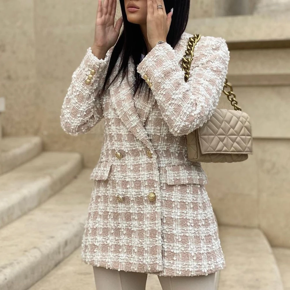 

DYLQFS 2021 Tweed Women Vintage Elegant Plaid Long Sleeve Slim Office Lady Blazer Female Double Breasted Streetweaer Suit Top