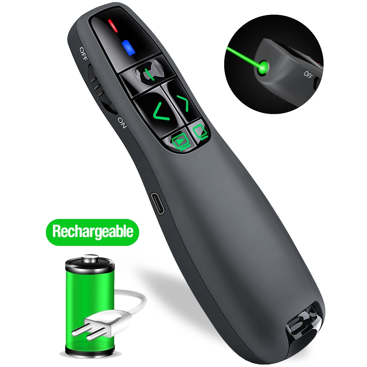 

2.4GHz USB Rechargeable Wireless Presenter For Powerpoint Presentation Remote Control Green Light Pointer For PPT Presentation