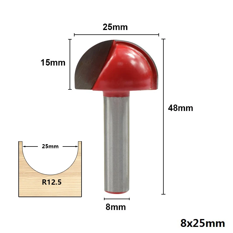 8x25mm 1 шт. Концевая фреза 8 мм хвостовик стержневого ящика, Фасонная Фреза Для закругления уголков фреза для дерева 16/19/22/25 мм - Длина режущей кромки: 8x25mm