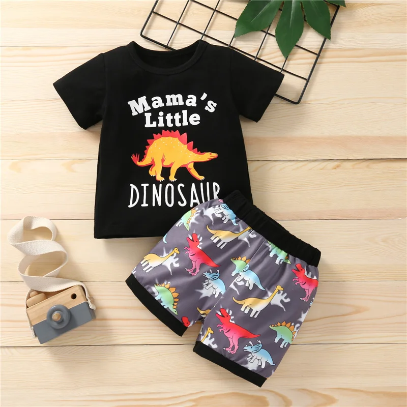 

Little Boy summer Casual Suit Set 2 Pieces , Kids Fashion Letter Dinosaur Print O-Neck Short Sleeve T-Shirt+ Shorts