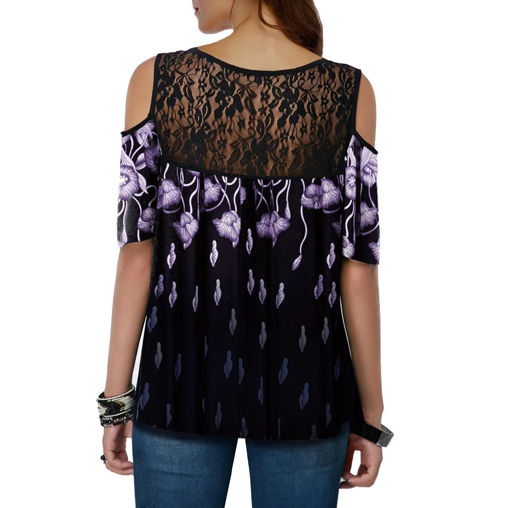 

Plus Size 2XL Off Shoulder Women Tops Summer Sexy Lace Patchwork Strap T Shirt Casual Short Sleeve Loose Tshirts Women Clothing