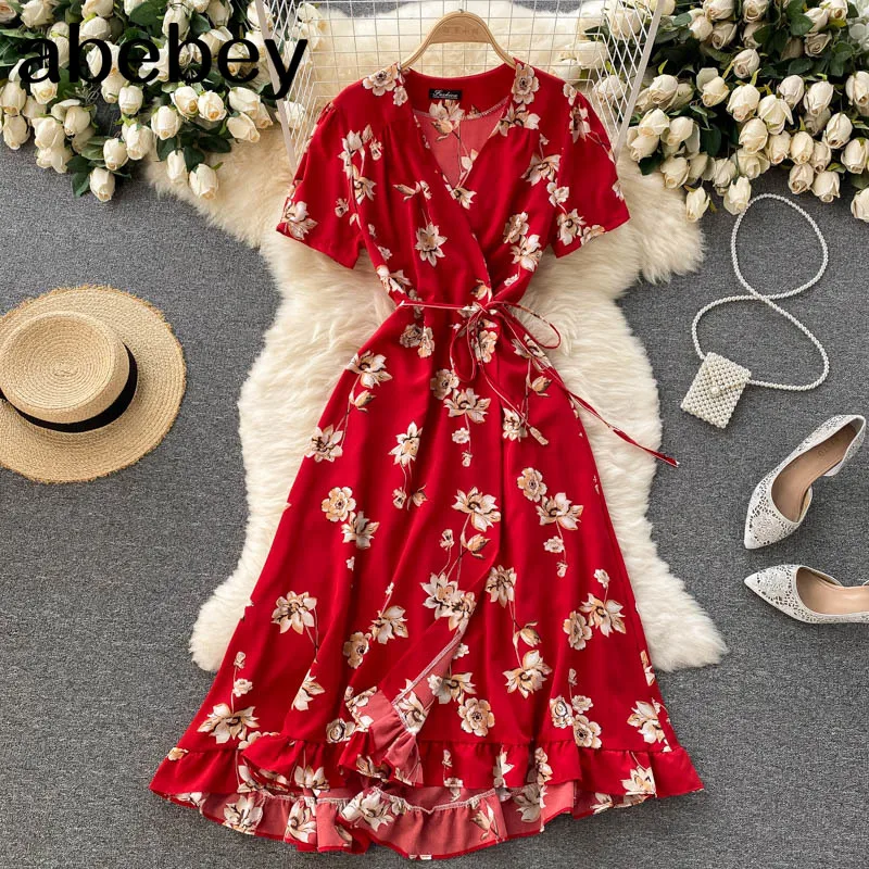 

Women French Print Wrap Dress Sweet Elegant Short Sleeve V Neck A-line Dresses Summer Bohemian Vacation Beach Sundress