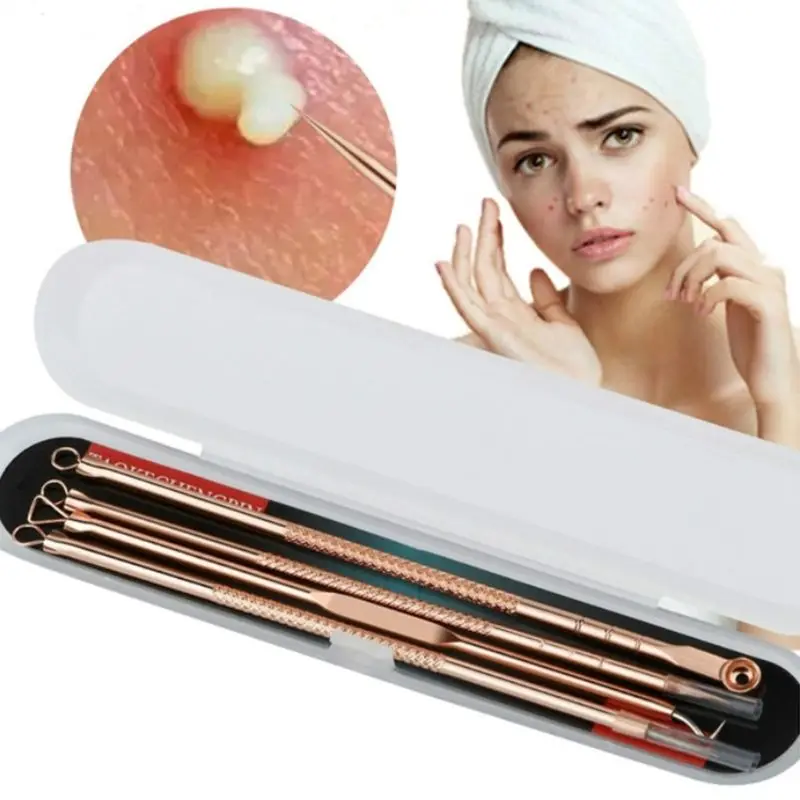 4Pcs Rose Gold Stainless Steel Acne Blackhead Remover Needles Pimple Extractor 667D