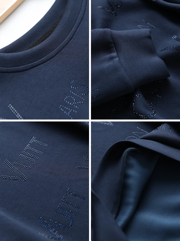 Plus Size Hoodies Letter Diamond Decoration Top O-neck Loose Harajuku Sweatshirt Spring Autumn Purple Dark Blue Female Pullover