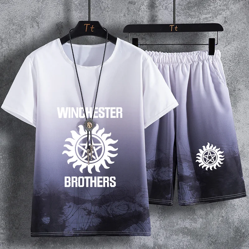 

Men's suits Winchester Car Logo printing summer Summer T-shirt casual Gradient Cotton Men's short sleeve+shorts 2-piece set