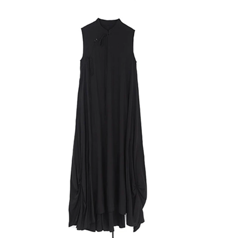 

XITAO Chinese Style Single Breasted Dress 2021 Personality Summer New Arrival Vintage Loose Stand Collar Irregular DressWMD0462