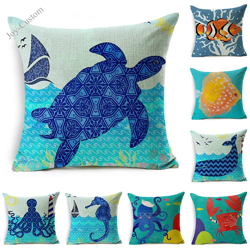 Синий Морской из хлопка и льна накидка для подушки океан Осьминог подушка