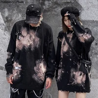 autumn and winter splash ink pin hole tie dye sweater male dark loose tide fire destroyed ripped pullover sweater female hip hop