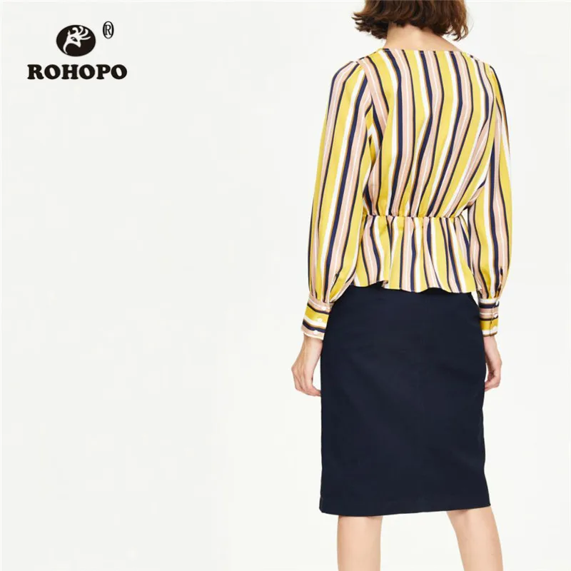 ROHOPO Lantern Long Sleeve Wrap V Collar Striped Tops Blouse Ruffled Hem Ladies Autumn Tunic Elegant Pullover Blusa Shirt #9007 |