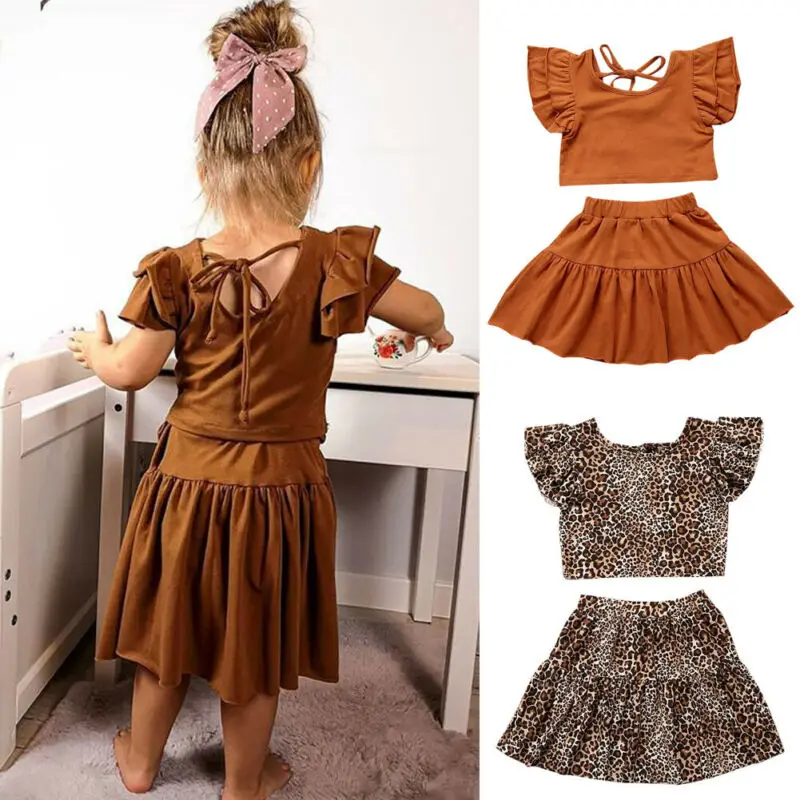

pudcoco Toddler Girls Clothes Fly Sleeve Leopard Ruffles Tops Skirt 2PCS Summer Outfits Child Girl Set