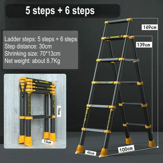 1.4/1.7M Multi-Function Aluminum Telescopic Ladder Household Trestle Ladder Portable Five-Step Ladder Collapsible Lift Stairs