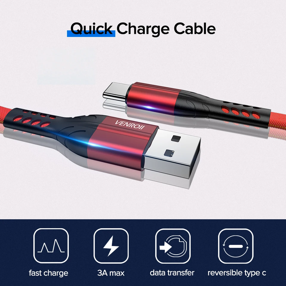 Venroii 3A Quick Charge 3,0 usb type C кабель для быстрой зарядки USBC кабель для Honor 10 type-C телефонный шнур для Xiaomi Redmi Note 7 Mi9