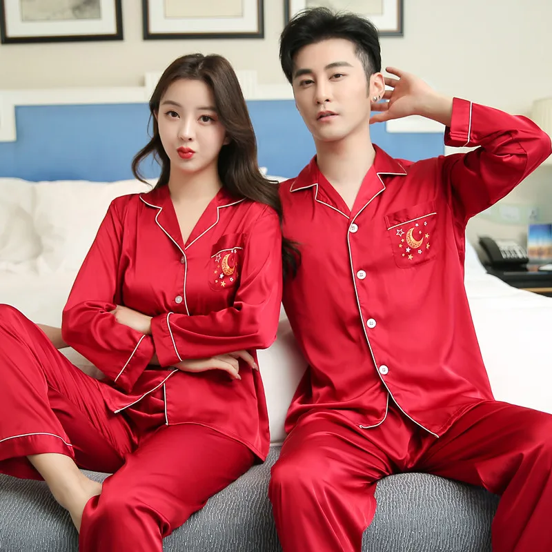 CAIYIER Moon Print Couple Silk Satin Pajamas Set Long Sleeve Trousers Sleepwear Men & Women Winter Luxury Nightwear Home Clothes