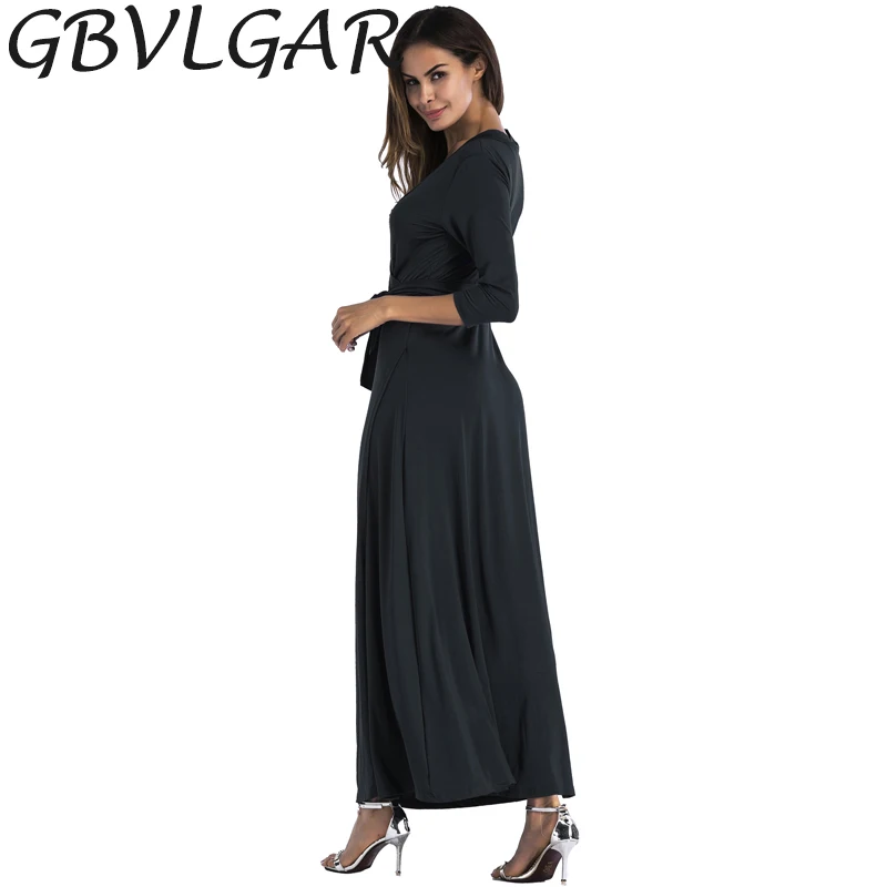

GBVLGAR Women Sexy Deep V-nekc Party Club Maxi Dress Female Fashion Three Quarter Sleeve Lace up Split Long Dresses Vestido