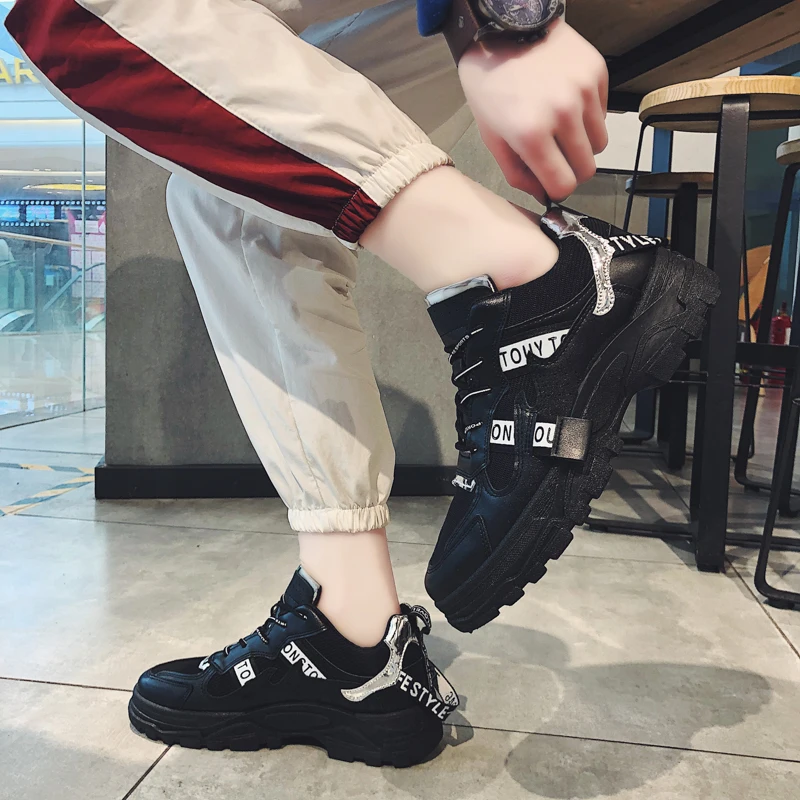 

BomKinta Harajuku Style Breathable Sneakers Men Letter Striped Design Men Platform Dad Shoes Bling Sequins Chunky Sneakers
