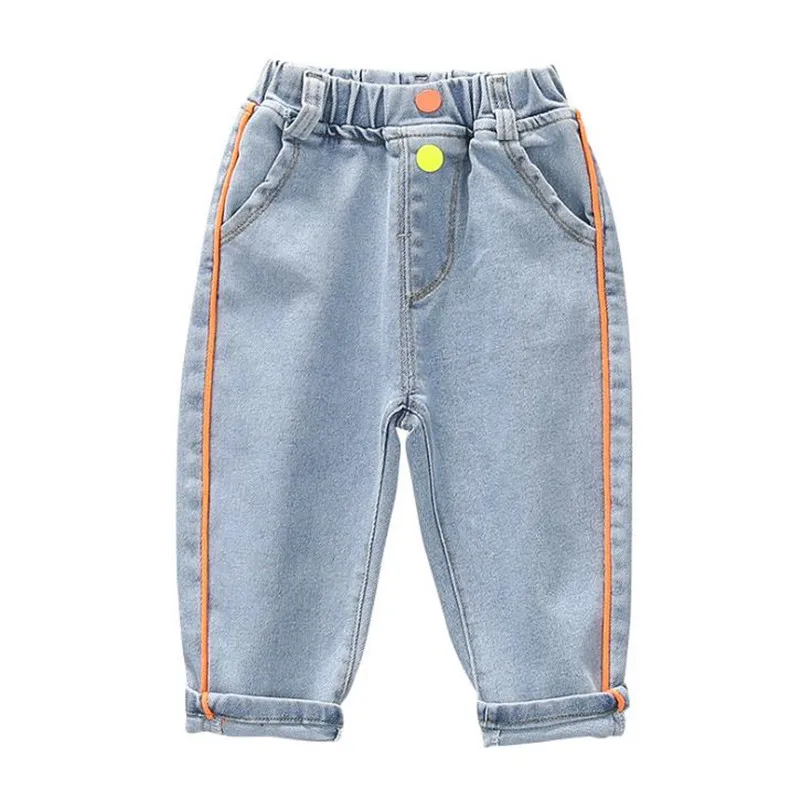 

Детские джинсы DFXD, прямые брюки в полоску, с цветными пуговицами, для мальчиков и девочек 1-7 лет, на весну и осень