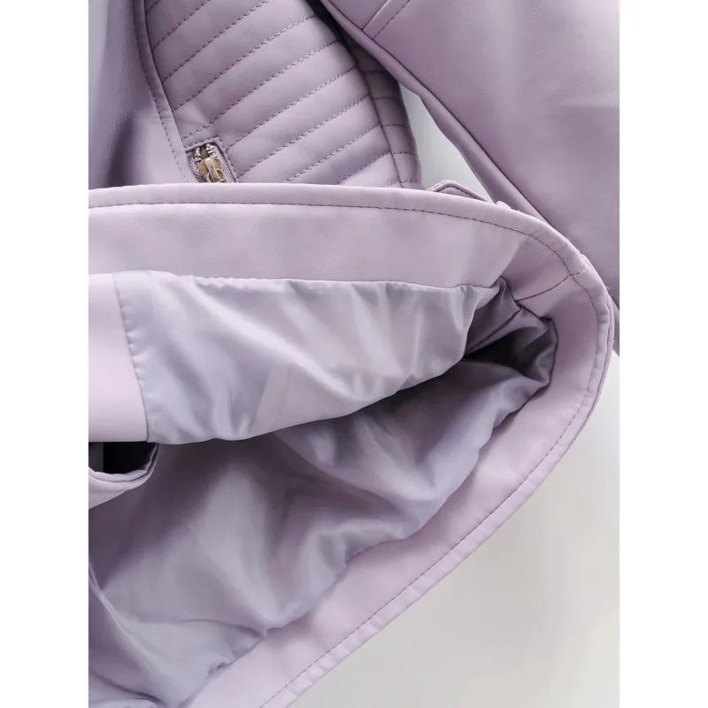 

PEONFLY New Arrival 2020 Winter Autumn Motorcycle Leather Jackets Solid Color Jacket Women Leather Slim PU Jacket Purple