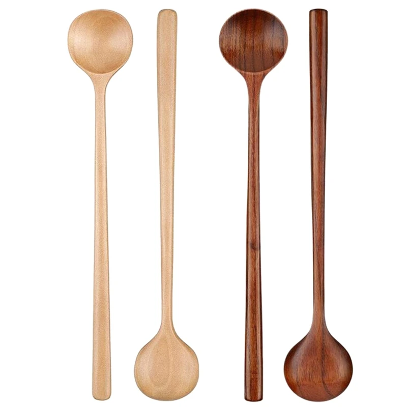 

4 Pcs Wooden Spoon,Long Handle Round Wood Spoons Mixing Stirring Soup Coffee Iced Tea Spoon for Kitchen Mixing Cooking