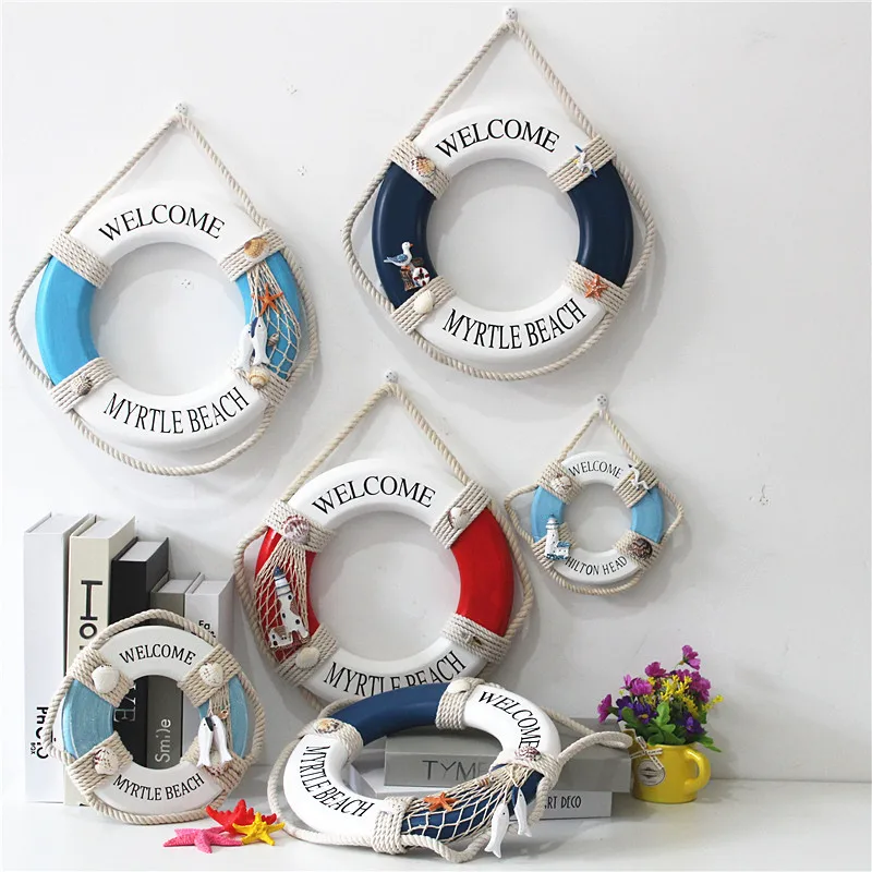 

Mediterranean large, medium and small three wooden lifebuoy swimming ring bar home window background wall pendant decoration