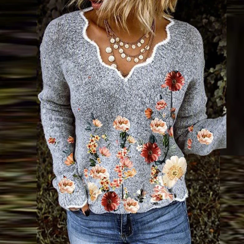 

Vintage Colorful Print Women Shirt Blouse Spring Autumn Long Sleeve Pullover Tops Lady Sexy Wave V Neck Fluffy Blusa Sweatshirts