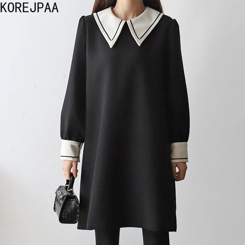 

Korejpaa Hit Color Turn-down Collar Dress Women Patchwork Long Sleeve Casual High Waist Mini Dresses Outwear Autumn 2021 New