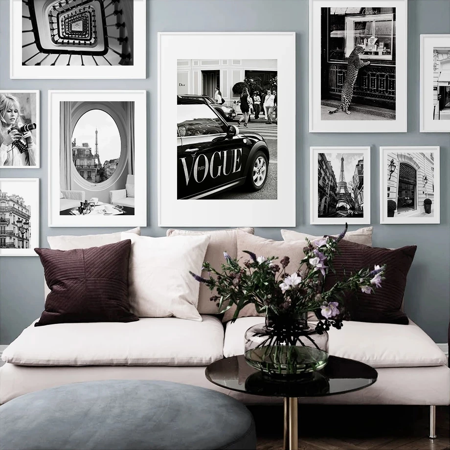 

Парижское полотенце Модный магазин такси девушка настенная Картина на холсте черные белые скандинавские плакаты и принты настенные картин...