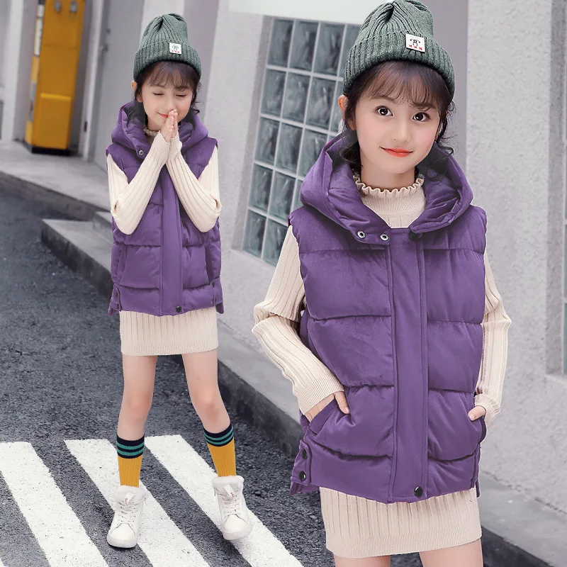 Длинный бархатный жилет для девочек 3 - 12 лет простые топы без рукавов с капюшоном