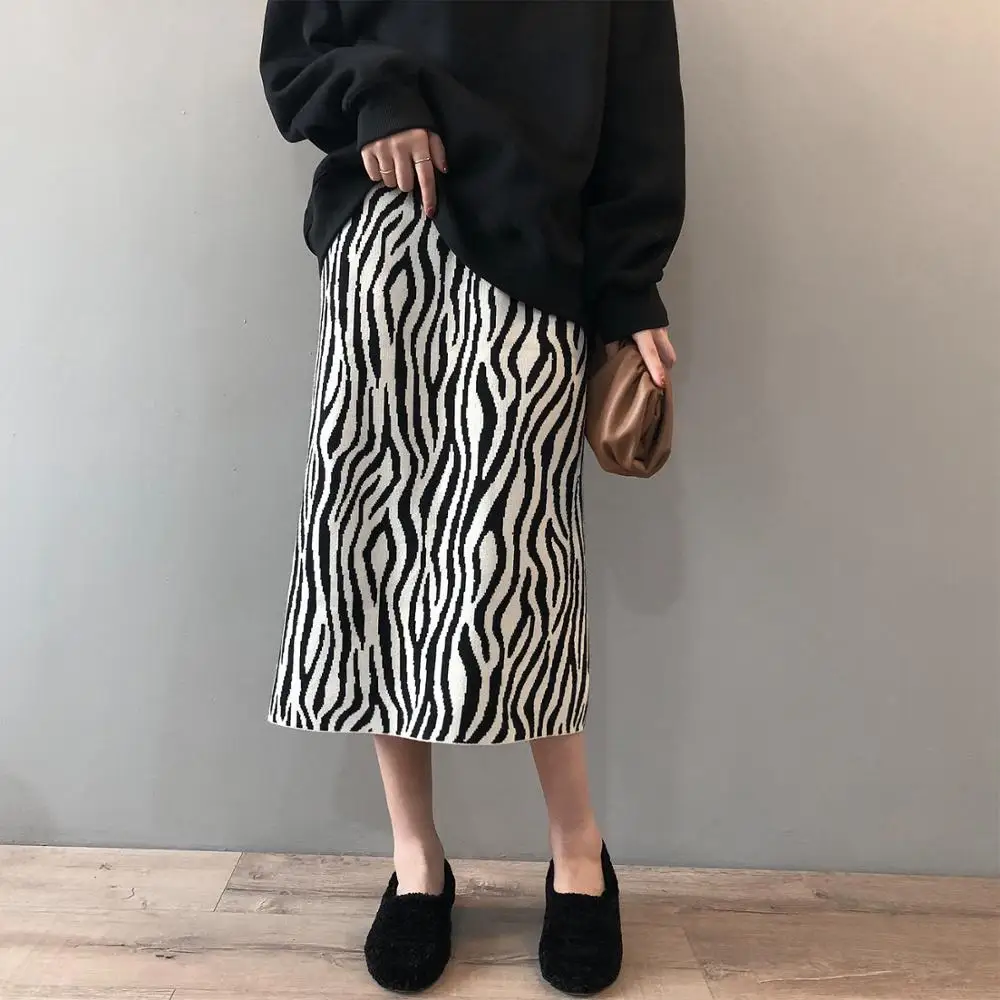 

Autumn Winter High Waist Package Hip Zebra Pattern Knitted Skirt 2021 New OL Elegant Fashion Straight Long Skirts Womens