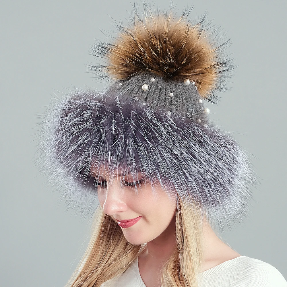 Женские шапки с помпонами из натурального меха вязанные шапки-бобы жемчугом