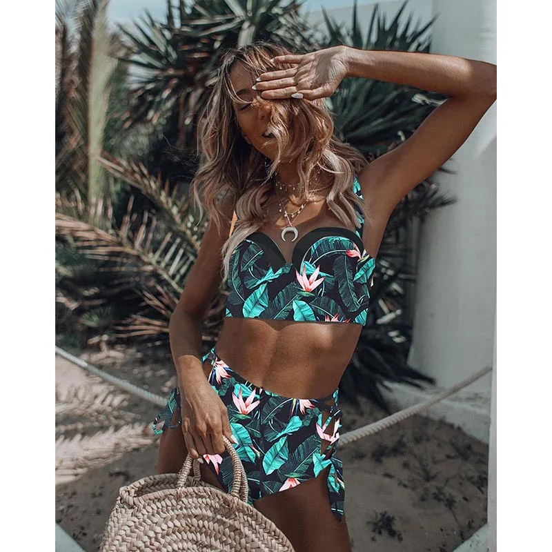 High Waist Swimwear 2019 New Leaf Print Bikinis Women Swimsuit Vintage Retro Bathing Suit Halter Biquini Maillot de bain femme | Женская