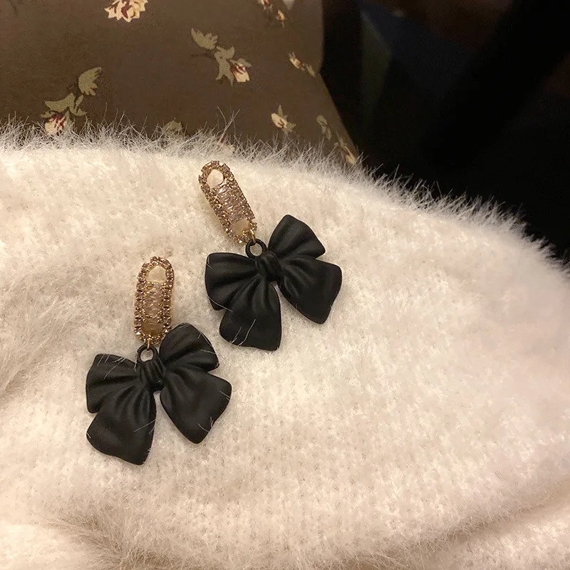 

U-Magical French Vintage Crystal Rhinestone Red Black Bowknot Dangle Earrings for Women Leather Tie Earrings Jewelry Pendientes