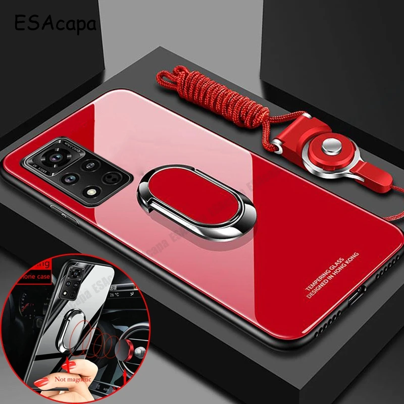 Жесткий защитный стеклянный чехол для телефона Huawei Honor V40 9S 9X Pro с магнитным кольцом для стенда и ремнем на шею