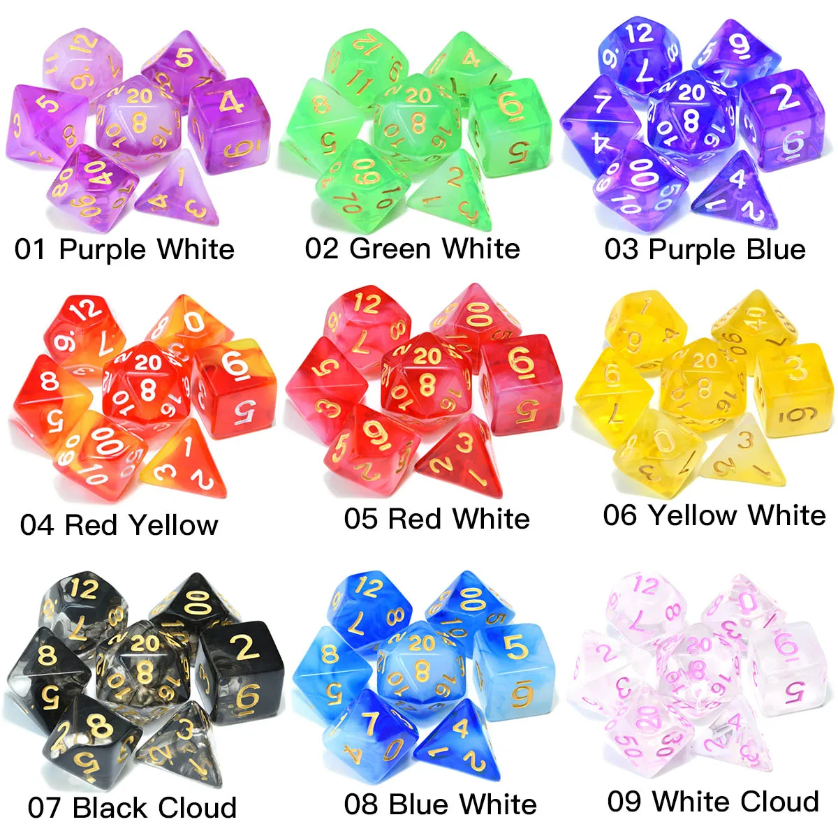 Набор прозрачных игральных костей двух цветов для DnD ролевой игры MTG с чёрный