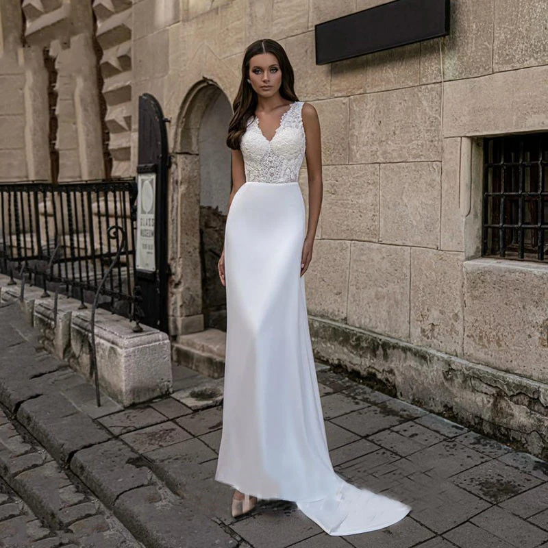 

YILIBER New simple wedding dress backless sleeveless design chiffon lace bride dresses princess dress plus size tailor-made