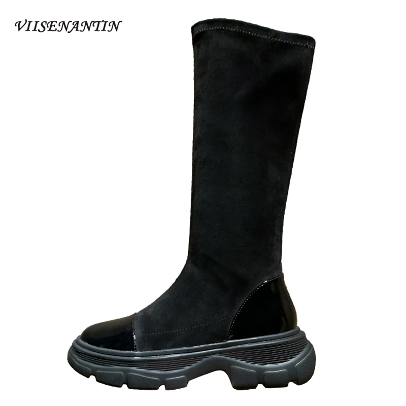 

Женские кожаные сапоги без застежек, тонкие рыцарские сапоги на толстой подошве, эластичные крутые сапоги до середины икры на платформе с к...