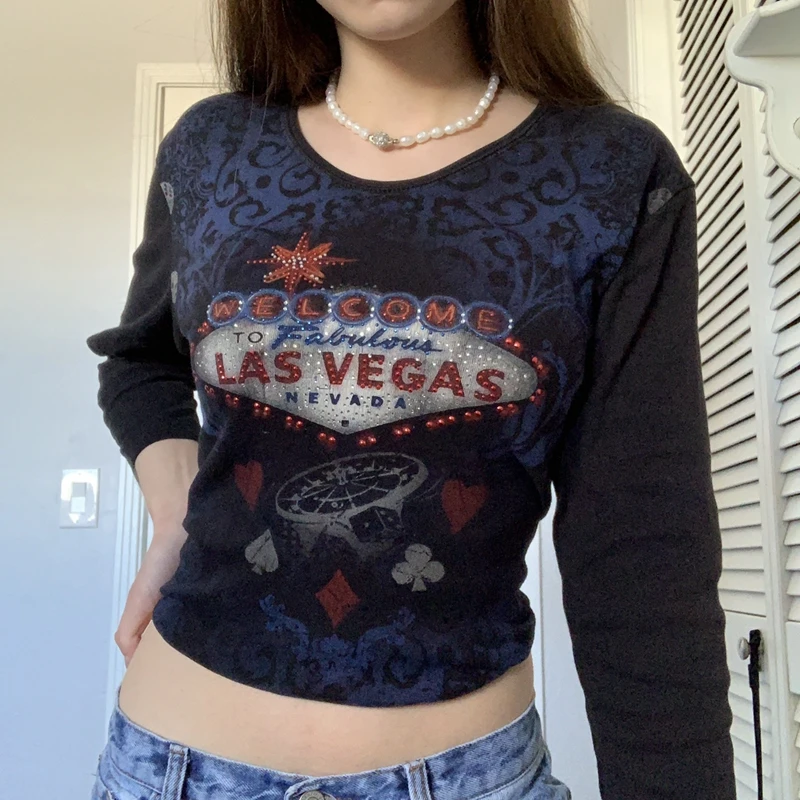 

Dourbesty Винтажная футболка с алмазным принтом букв 1920-х облегающие пуловеры с длинным рукавом тройники тройник Сказочный гранж