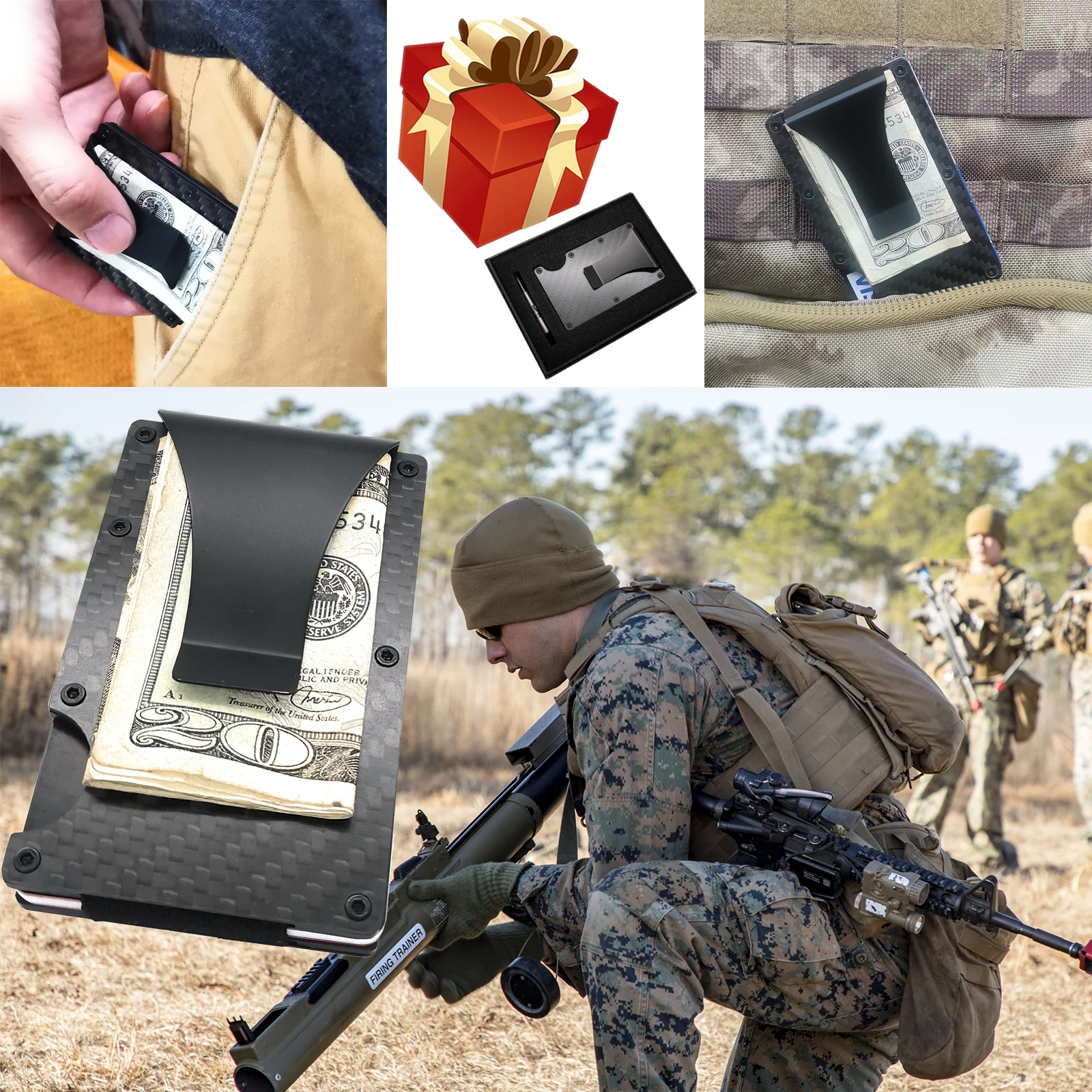 Кошелек Тактический из углеродного волокна с RFID-защитой и зажимом для денег |