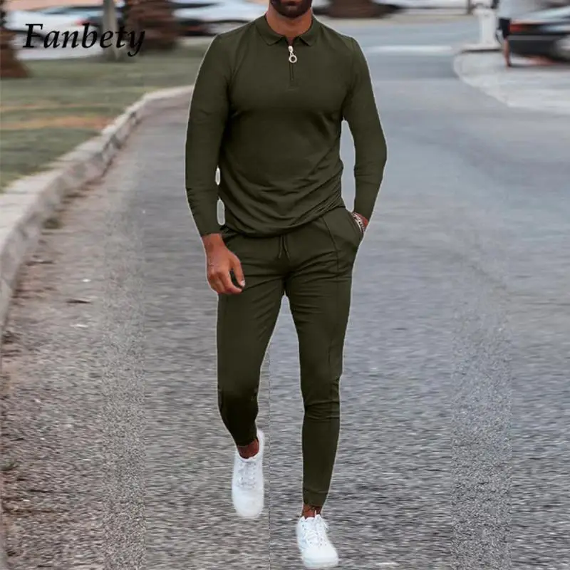 

Костюм мужской осенний из топа на молнии с отложным воротником и узких брюк, однотонный комплект из 2 предметов, спортивный костюм, Повседне...