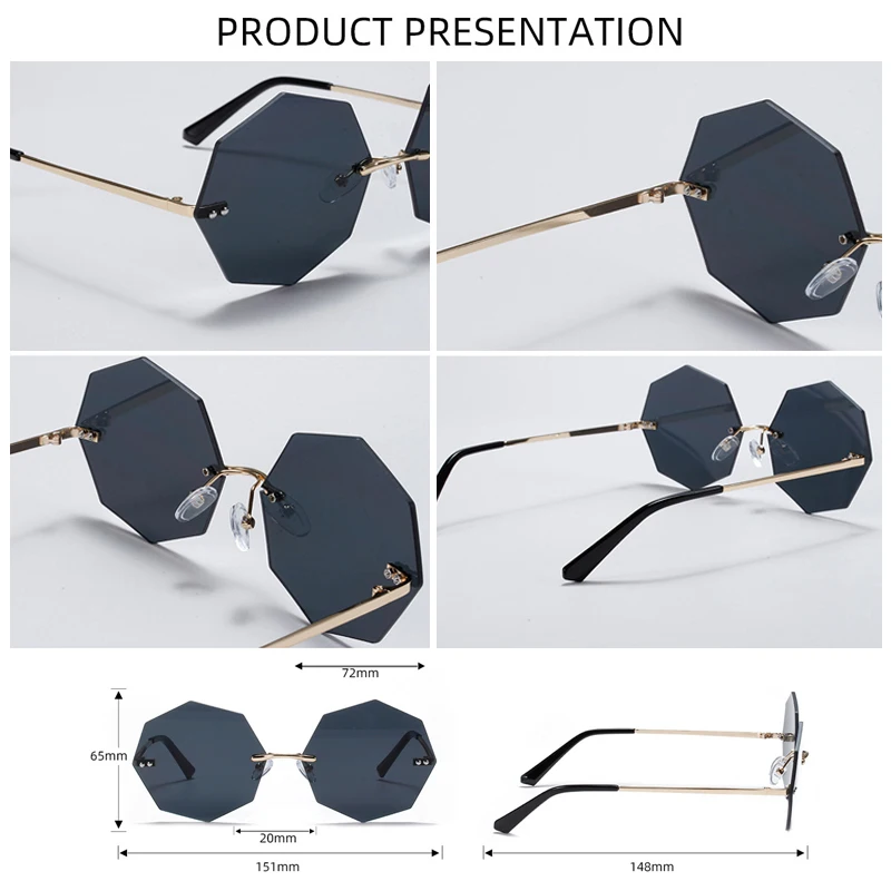 

seemfly Octagonal Rimless Sunglasses Women's Retro Metallic Sun Glasses UV Protection New Fashion Cutting Lens Eyewear UV400